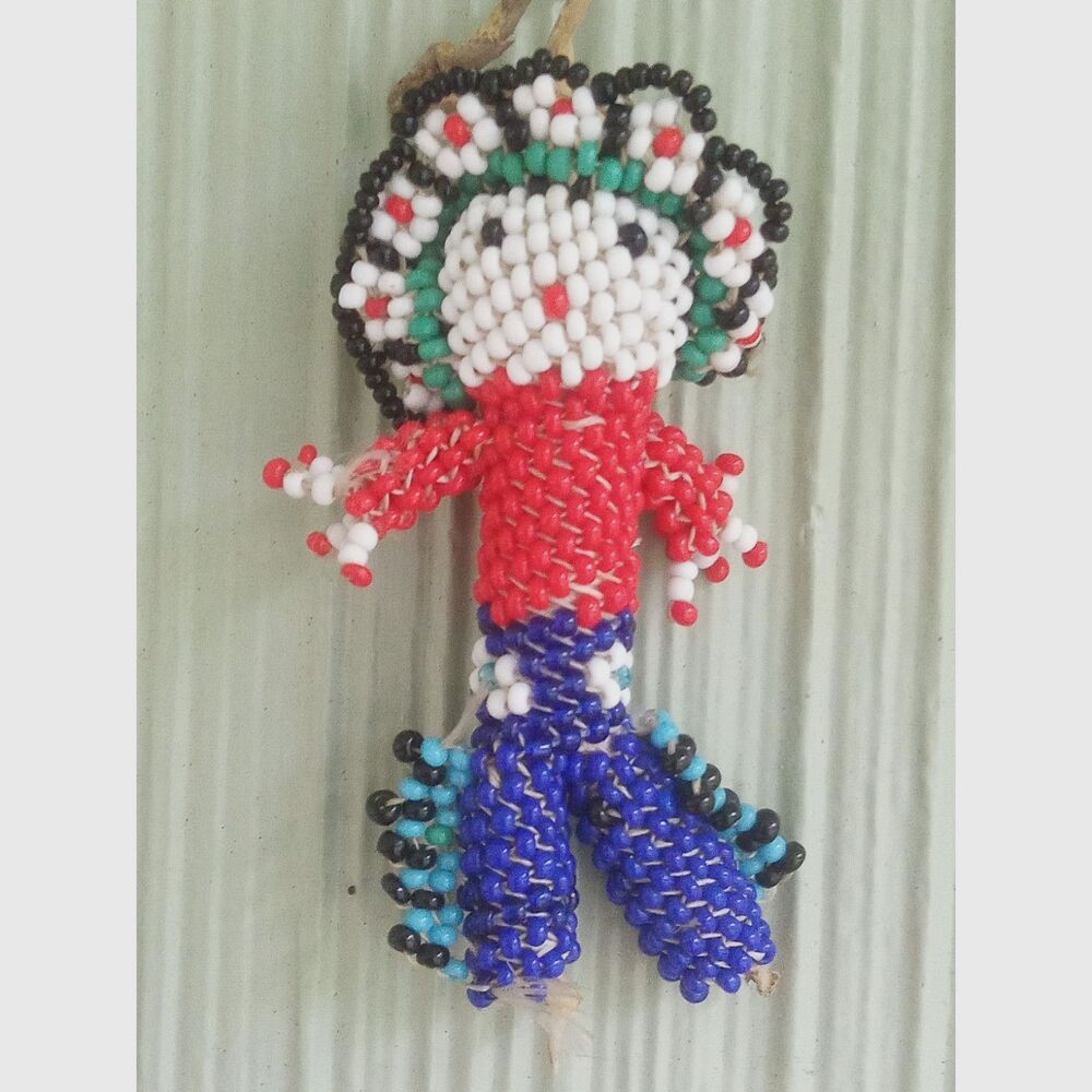 Old Native Zuni Beaded CHIEF Doll on Deer Sinew, Turquoise Headdress 3in 1940s